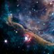 A long bar of dust and gas appears brown in the starry nebula.